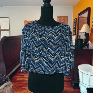 Blue white and black top